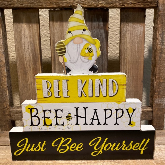 Bee Kind Bee Happy Just Bee Yourself Gnome Wood Sign, Honey Bee Gnome Sign - Picture 1 of 11